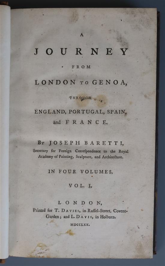 Baretti, Giuseppe Marc Antonio - A Journey from London to Genoa, 1st edition, 4 vols, 8vo, tree calf, T.Davis,